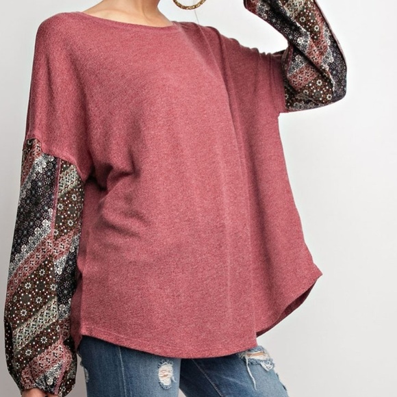 ❄️CRANBERRY CONTRAST SLEEVES BOHO TOP - Picture 5 of 6